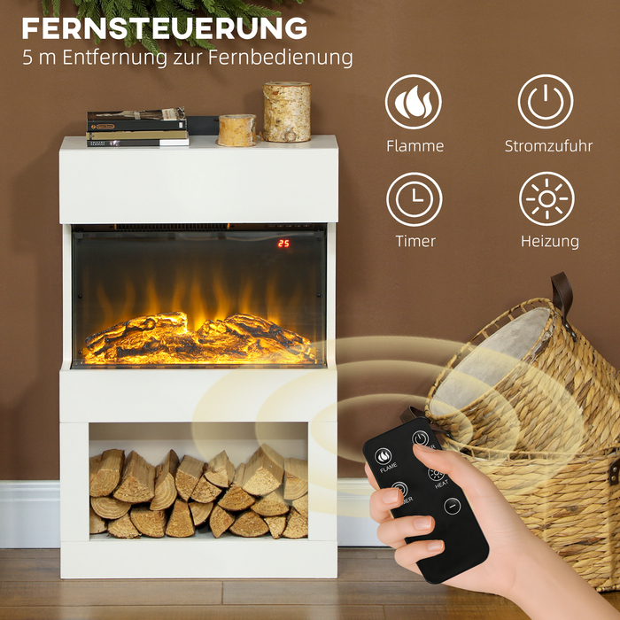 Електричний камін з двома рівнями нагріву, 6 кольорами полум'я, термостатом та дистанційним керуванням, білий