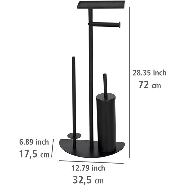Комплект для туалету підлоговий Cosenza Neo, тримач для туалетного паперу з поличкою, тримач для щітки, запасний тримач рулону, матова лакована сталь, чорний, 32,5 x 72 x 17,5 см