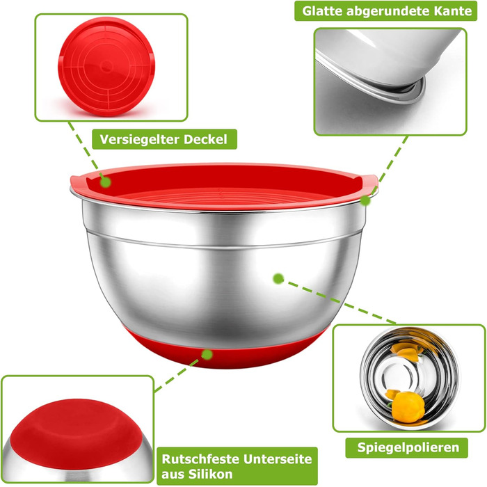 Набір салатниць TEAMFAR 6 шт. з нержавіючої сталі з кришками та силіконовими ніжками, 0.7L/1.5L/1.6L/2.5L/2.8L/4.6L