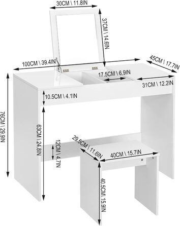Туалетний столик WOLTU з табуреткою, розкладне дзеркало, стільниця з високим глянцем, 100x45x76см, білий