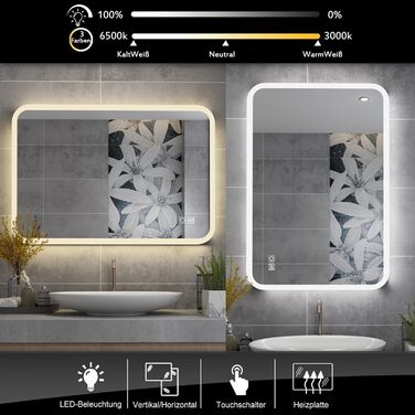 Дзеркало для ванної кімнати MIQU LED 60x50 см з підсвічуванням, тепле/холодне світло, регулювання яскравості, антизапар, прямокутне