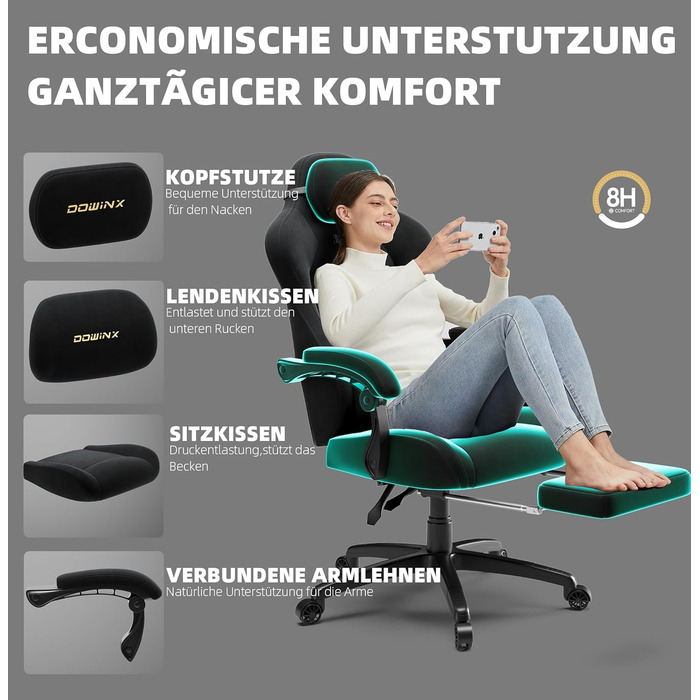 Ігровий крісло Dowinx з регульованою висотою масажного поперекового підпорки, ергономічний дизайн, м'яка мікрофібра велюр, посилене сидіння, підголівник та підніжка в комплекті, кут нахилу 155°, чорний/титан