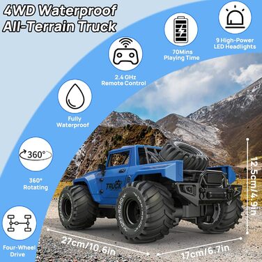 Амфібійний радіокерований позашляховик 1:16, водонепроникний Monster Truck з рюкзаком, світлодіодами та поворотом на 360°