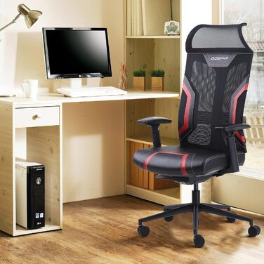 Ігровий крісло Dowinx для офісу та дому з підлокітниками 3D, регульоване, з функцією гойдання, шкіряне, поворотне, чорний/сірий (чорний/червоний)