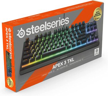 Клавіатура SteelSeries Apex 3 TKL для геймінгу – RGB, компактний форм-фактор TKL, волого- та пилостійкість, тихі геймінгові клавіші, DE Layout QWERTZ, чорний колір