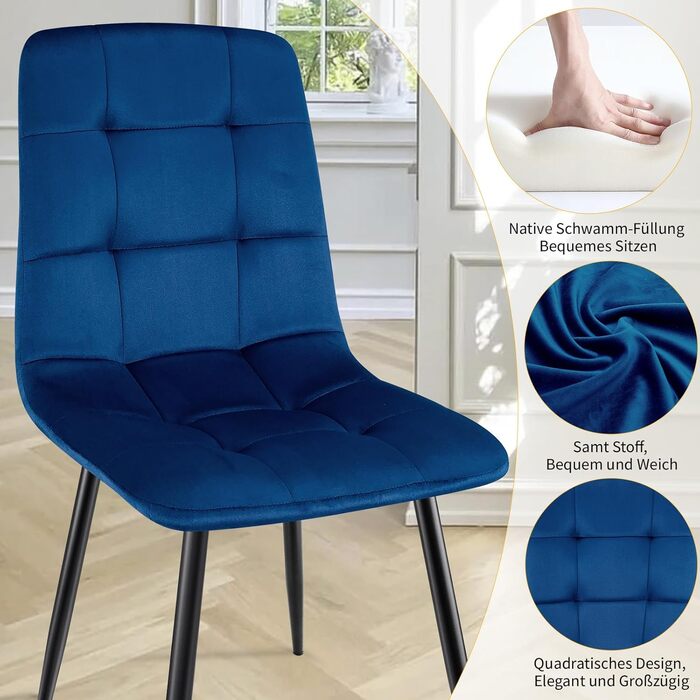 Набір обідніх стільців, м'який стілець з оксамитовою оббивкою та чорними металевими ніжками, кухонні стільці з номінальною вантажопідйомністю 120 кг, (6 шт., блакитний)