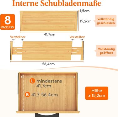 Органайзери для ящиків LifeWit 8 шт. з бамбука, регульовані, 42-56 см, для кухні, шафи, столу