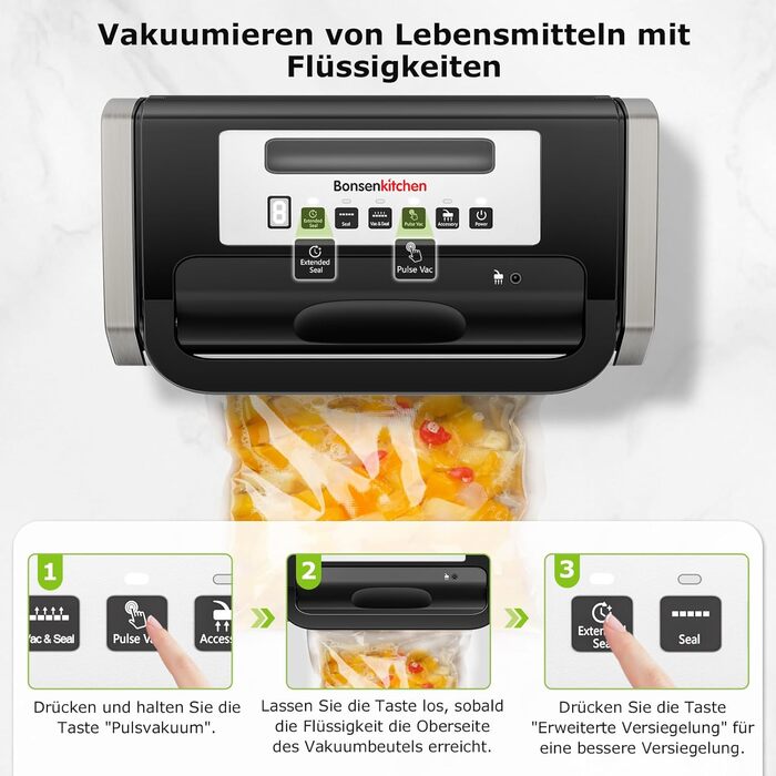 Вакууматор Bonsenkitchen для продуктів, потужний вакуумний пакувальник (15л/хв) з вбудованим різаком та ручкою-фіксатором, чорний