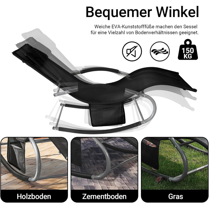 Шезлонг SoBuy для 2 осіб, чорний, для саду, тераси, балкону, кемпінгу, до 150 кг, з підголовником, стійкий до погодних умов