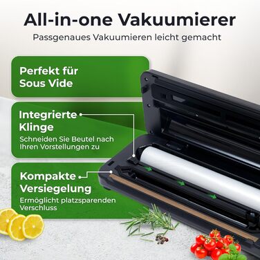 Вакууматор KLAMER Vakuumierer Pro 80 (2025) для сухих та вологих продуктів, для Sous Vide, сріблястий, з пакетами та шлангом