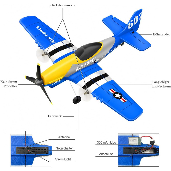 RC літак HAWK'S WORK P-51D Mustang 2.4GHz, готовий до польоту, 6-осьовий гіростабілізатор, синій - для дітей та початківців