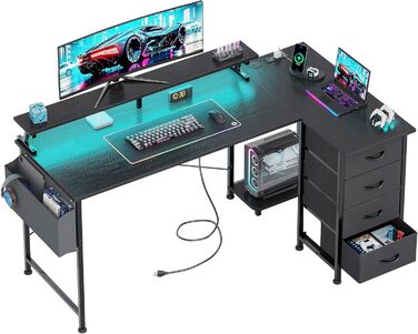 Ігровий кутовий стіл VERMESS з 4 шухлядами, 160 см, поворотний, з розетками та USB-зарядкою, чорний