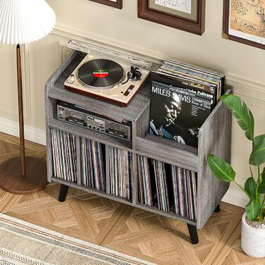 Стіл для програвача, стійка для вінілових пластинок середини століття з місцем для зберігання до 350+ альбомів, шафа для вінілу з регульованими полицями (Сірий)
