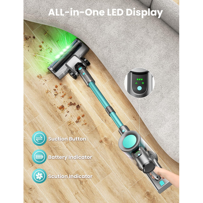 Бездротовий пилосос Dzaki 45000Pa з акумулятором, дисплеєм та антизаплутувальною насадкою для твердих поверхонь, килимів, шерсті тварин та авто (блакитний)