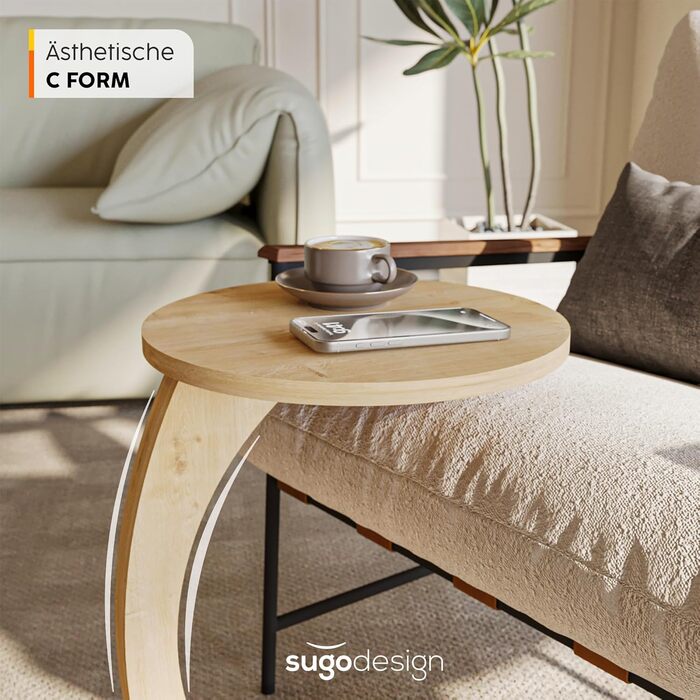 Журнальний столик Sugodesign з роликами, C-подібної форми, білий (під дуб), для вітальні та біля дивану