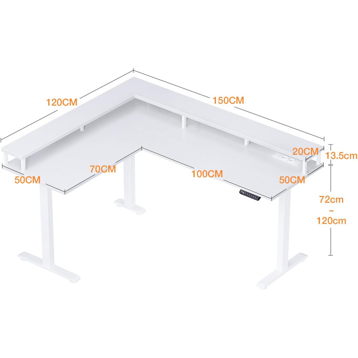 Кутовий стіл ODK з регулюванням висоти L-подібної форми, 150x120см, з USB та розетками, функцією пам'яті