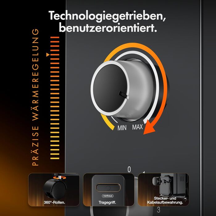 Масляний радіатор VonHaus 2.5 кВт з термостатом - білий/чорний, 11 ребер | Електричний обігрівач для дому та офісу