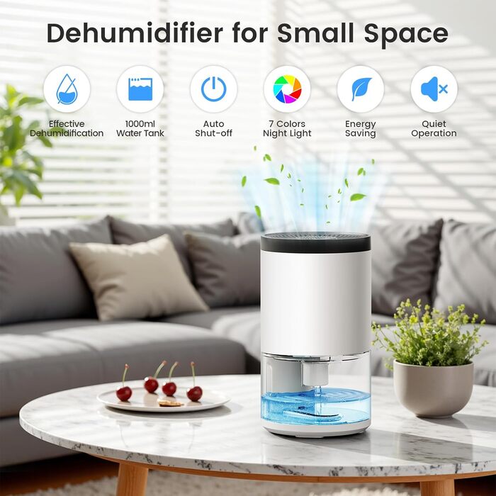 Електричний осушувач повітря без контейнера, 1000 мл, компактний, тихий, з автовимкненням, портативний, для офісу, спальні, ванної кімнати, білий
