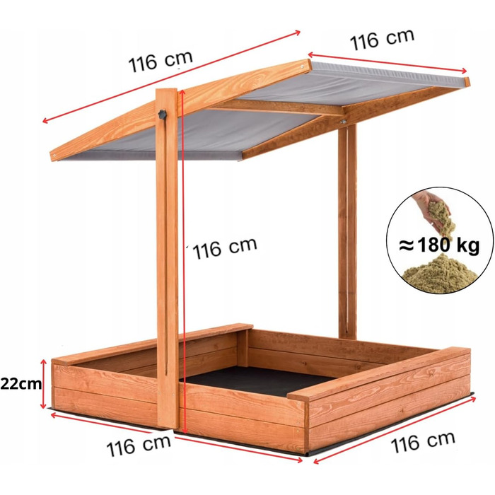 Пісочниця дерев'яна з дахом та сонцезахистом UV 100+, 120x120 см (сіра)