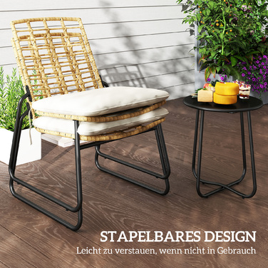 Набір садових меблів на 3 місця: 2 ротангові стільці, 1 стіл з металевою стільницею, подушки для сидіння. Ідеальний набір для бістро, кольори: бежевий та коричневий.