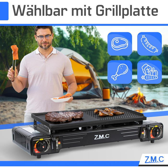 Преміум туристичний газовий набір ZMC: 2-конфортний газовий нагрівач 2,5 кВт з Piezo-запалюванням та валіза для транспортування | Для кемпінгу, балкону та дому | Включає гриль-плиту 45×24 см та газові картриджі 227г