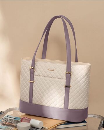 Сумка для ноутбука LOVEVOOK 15.6 дюймів для жінок з відділенням для ланчу, сумка-шоппер, ділова сумка, портфель, сумка для навчання, містка, водонепроникна, для офісу, університету, чорна (15.6 дюймів, Бежевий, Рожевий)