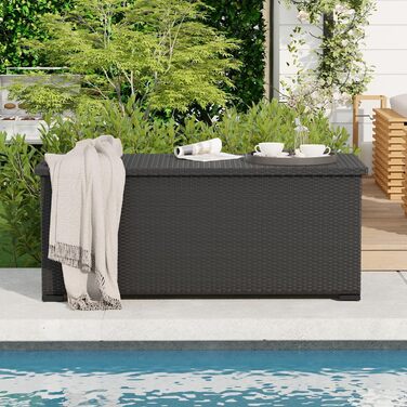 Скриня для подушок садових Polyrattan Amopatio 650л, водонепроникна, з газліфтом, чорна. Ящик для зберігання речей на вулиці для саду, балкону