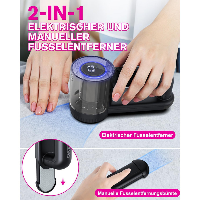 Електричний видальник ворсу Homtronics з USB-зарядкою, LED-дисплеєм та 6-ма лезами для одягу, диванів та килимів, чорний