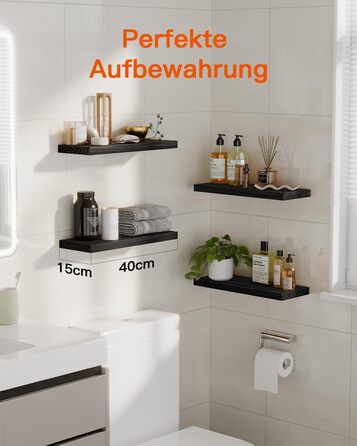 Полиця настінна Pipishell Wandregal Holz 40 см, набір 4 шт., дерево Paulownia, чорна - для кухні, ванної, спальні, офісу