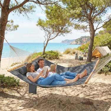 Гамак вуличний 200x140 см, двошаровий, з підголівком та кишенею для журналів, дерев'яні розпірки, витримує до 200 кг