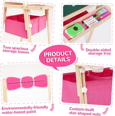 Дерев'яна мольберт Kinder Tafel з паперовою рулонкою, регульована висота, рожевий колір, двосторонній (whiteboard та дошка)