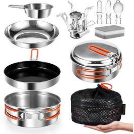 Набір кухонного посуду для кемпінгу Odoland 10 предметів: каструля, сковорода з антипригарним покриттям, тарілки, миски, виделки, ножі, ложки. Ідеально для кемпінгу, пікніків, походів та трекінгу. Виготовлений з нержавіючої сталі з захисною шкіряною обкладинкою.