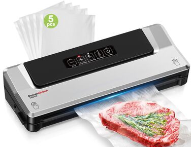Вакууматор Bonsenkitchen для су-від (Sous Vide) та зберігання продуктів, вакуумний пакувальник з 5 пакетами в комплекті, сріблястий