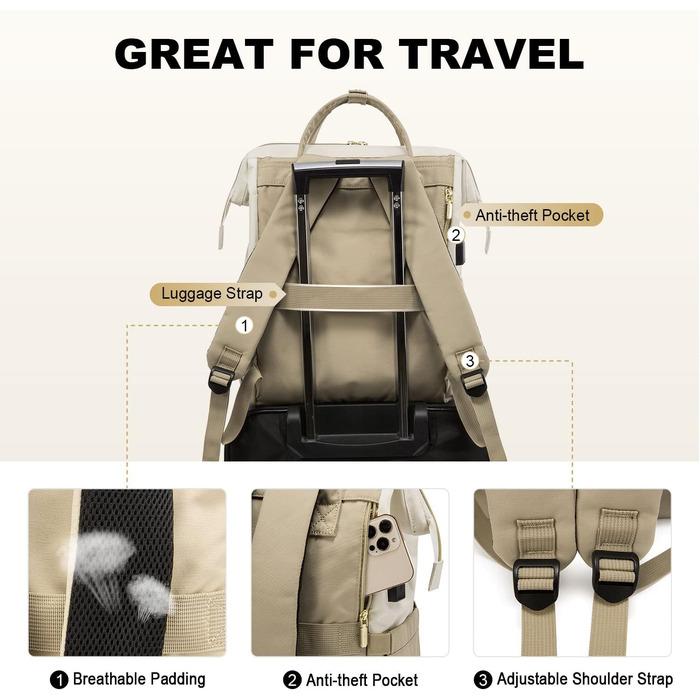 Рюкзак для ноутбука LOVEVOOK для жінок, великий шкільний рюкзак для підлітків, рюкзак ручної поклажі, водонепроникний дизайн, дихаючі плечові ремені, для університету, школи та подорожей, бежево-сірий (17 дюймів, B- Beige Khaki)