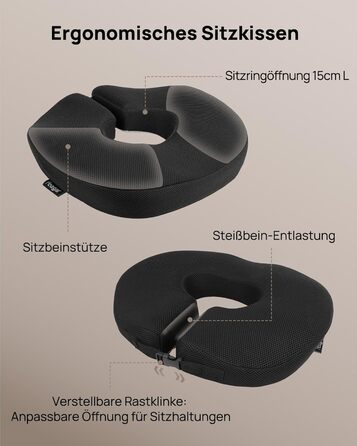 Ортопедична подушка-кільце Feagar: регульований ергономічний подушка-пончик для копчика, геморою та післяпологового відновлення, підходить для авто, офісного крісла та візка, чорна, великий розмір (90-140 кг)