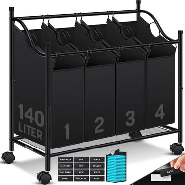Кошик для білизни KESSER з 4 знімними мішками для сортування | 4 відділення по 35 літрів | Чорний кошик для білизни з колесами та гальмами