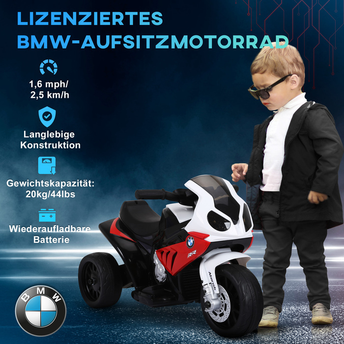 HOMCOM BMW S1000RR ліцензійний електричний триколісний дитячий мотоцикл з акумулятором, дитячий транспорт, сталевий, червоний, 66x37x44 см