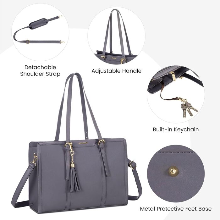 Сумка для ноутбука LOVEVOOK 15.6 дюймів для жінок: велика, на плечі, кросбоді, торба з канвасу, елегантна, для офісу, роботи, подорожей (сіра)