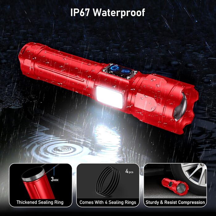 Ліхтарик Blukar LED з двома кольорами температури, бічне COB-світло, акумуляторний, яскравий, з регулюванням яскравості та зумом, 7 режимів, водонепроникний, для кемпінгу та надзвичайних ситуацій (Червоний)