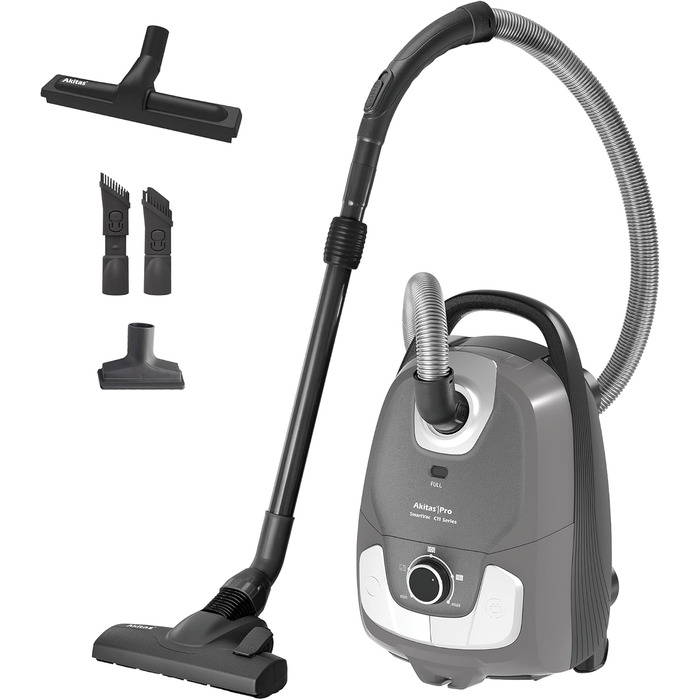 Пылесос Akitas C11 900W с мешком – сетевой шнур 7 м, радиус действия 10 м, тихая работа 70 дБ, с дополнительной насадкой для пола, регулируемая мощность всасывания, большой объем, для твердых полов и ковров