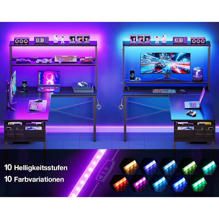 Ігровий стіл Coleshome L-подібної форми з LED підсвічуванням та розетками, 135 × 100 см. Реверсивний стіл з полицями для зберігання, ігровий кутовий стіл з сумкою для дому та геймінгу, чорний (135x100 см)