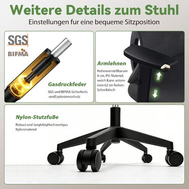 Ергономічне крісло для офісу, регульоване по висоті, поворотне з підтримкою попереку та підголівником, функція відкидання 90°-130°, максимальне навантаження 150 кг, чорний колір, X-Large