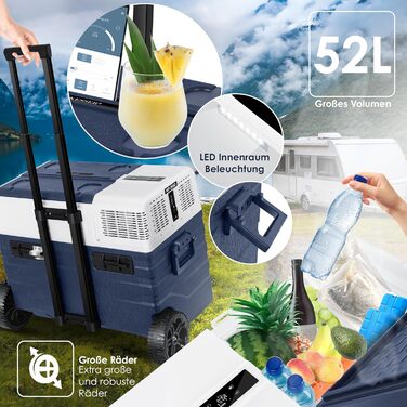 Автомобільний компресорний холодильник KESSER® 42л з Wi-Fi, 12/24/230V, до -20°C, з колесами та телескопічною ручкою для кемпінгу, фургону, вантажівки, човна + 2 акумулятори холоду (синій)