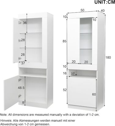 Вітрина Merax зі світлодіодним підсвічуванням, Вітрина Скляна вітрина з великою кількістю місця для зберігання, Сучасна шафа для зберігання Книжкова шафа Стінки для вітальні Офіс Їдальня, білий, 50 x 40 x 180 см Білий 50 x 40 x 180 см