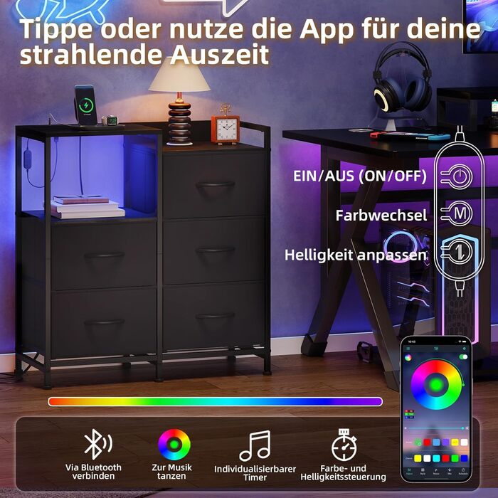 Комод з ящиками для спальні, вітальні, коридору Somdot з LED-підсвічуванням та розетками (2 AC, 1 USB, 1 Type-C), 5 тканинних ящиків, білий, 29T x 66,5B x 70,5H см