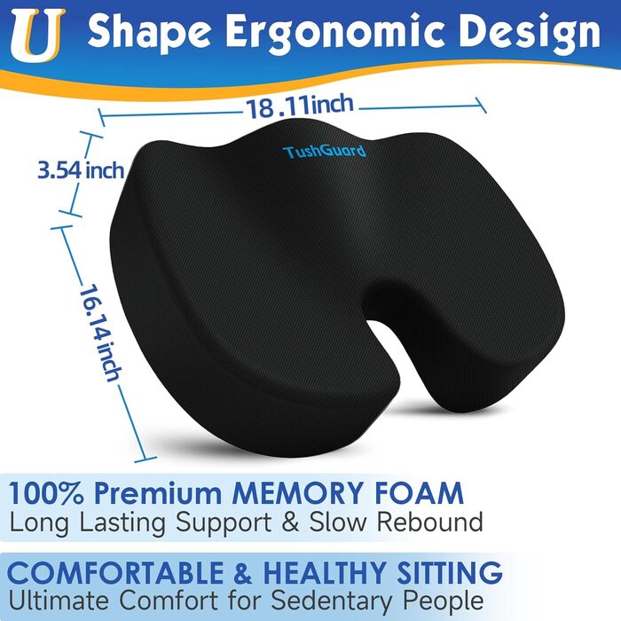 Подушка для офісного крісла TushGuard, Memory Foam, чорна, X-Large - для спини, куприка, ішіасу, куприка, полегшення болю