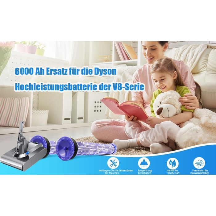 Змінна батарея BATTOOL 25,2 В 6000 мАг для пилососа Dyson V8 Animal/Absolute/Motorhead