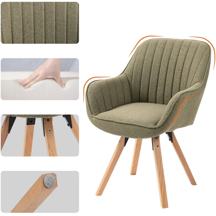 Крісло для їдальні Cosy - обертове, з підлокітниками, зелене, на дерев'яних ніжках