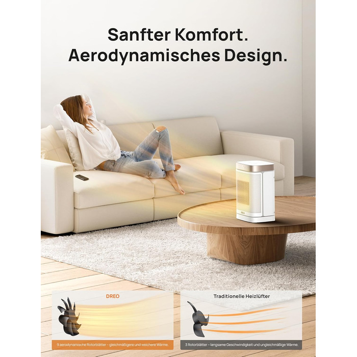Електричний обігрівач Dreo з термостатом, 1500W, PTC-кераміка, тихий, з осциляцією, ECO-режим, таймер 12 годин, захист від перегріву та перекидання