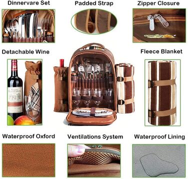 Рюкзак для пікніка Hap Tim на 4 особи з термосумкою, віднімним утримувачем для пляшок/вина, флісовою ковдрою, тарілками та набором столових приборів. Ідеально для відпочинку на природі, спорту, піших прогулянок, кемпінгу та барбекю. Brown (EU-3065)